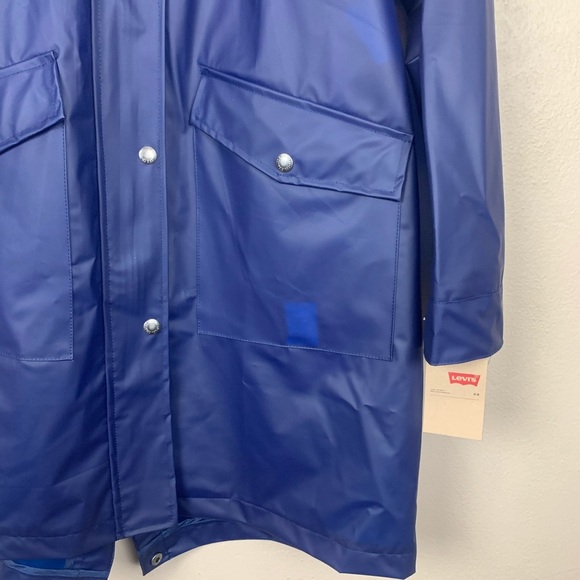 Levi's Blue Rain Jacket Trench Coat Hooded XS Long Line Snap Buttons Winter - Picture 7 of 7